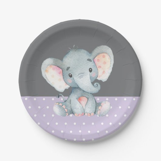 Assiettes En Carton Baby shower Eléphant fille violet et gris (Devant)