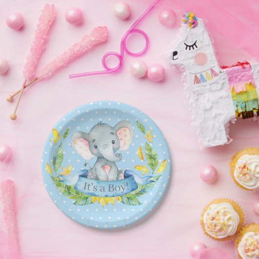 Assiettes En Carton Baby shower éléphant garçon bleu (Fête)