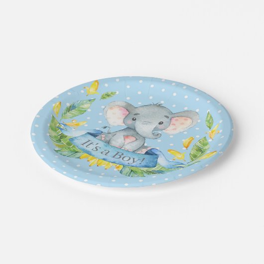 Assiettes En Carton Baby shower éléphant garçon bleu (Angle)