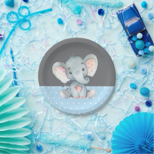 Assiettes En Carton Baby shower éléphant garçon bleu et gris (Fête)