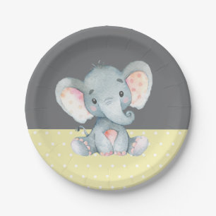 Assiettes En Carton Baby shower éléphant Jaune et gris