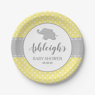Assiettes En Carton Baby Shower Éléphant Jaune Gris à pois