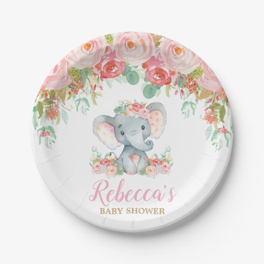 Assiettes En Carton Baby shower éléphant Rose Blush Floral Dessert 7" (Devant)