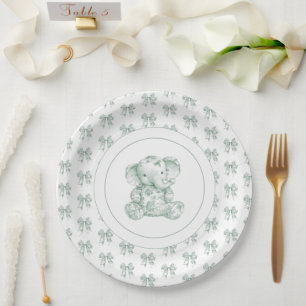 Assiettes En Carton Baby shower Eléphant Toile Verte