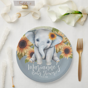 Assiettes En Carton Baby Shower Éléphant Tournesol Paillettes Bleu Pou