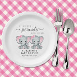 Assiettes En Carton Baby shower Eléphant Twin Girls<br><div class="desc">Plaques en papier mignonnes pour vos baby showers jumelles avec "Two Sweet Little Peanuts Are On Their Way" écrit en typographie gris mou et un script élégant avec des swashes et des aquarelles roses d'éléphants de petite fille. Personnalisez le nom de la future mère et la date de la douche...</div>