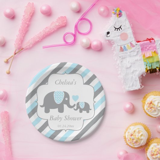 Assiettes En Carton Baby shower Eléphants blanc, bleu et gris (Fête)