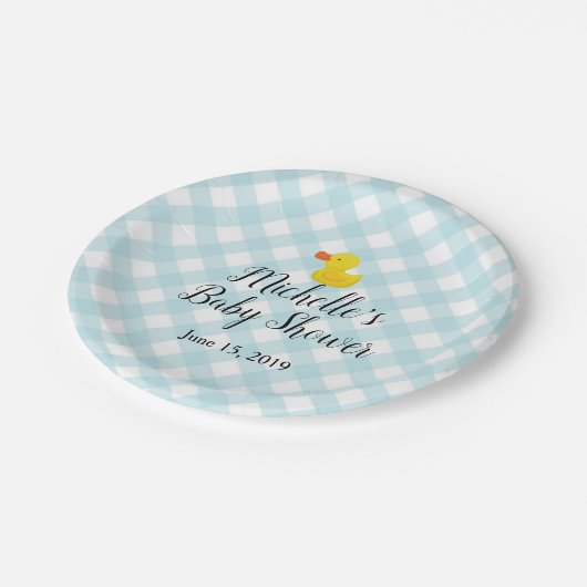 Assiettes En Carton Baby shower en caoutchouc En vichy bleu (Angle)