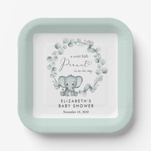 Assiettes En Carton Baby shower Eucalyptus Eléphant mignon (Recto)