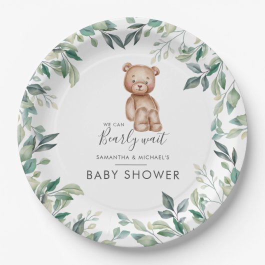 Assiettes En Carton Baby shower Eucalyptus Vert Ours Couples (Devant)