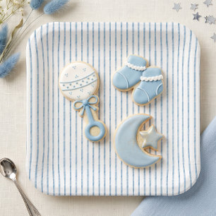Assiettes En Carton Baby Shower Fantaisiste Rayure Bleue à l'Aquarelle