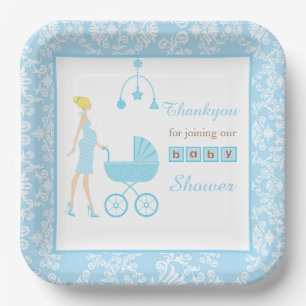 Assiettes En Carton Baby shower femme bleu Damask Blonde
