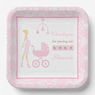 Assiettes En Carton Baby Shower Femme Blonde Damassé Rose