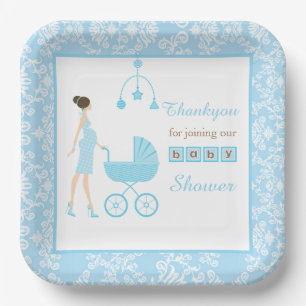 Assiettes En Carton Baby shower femme Brunette Damask bleu