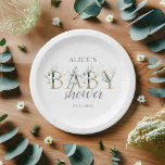 Assiettes En Carton Baby shower Feuille de Boho Eucalyptus<br><div class="desc">Élevez votre baby shower avec nos plaques de papier sur mesure, soigneusement conçues pour la journée spéciale! Positionné en bonne place, le nom de la maman-to-be est élégamment écrit en serif. Ci-dessous, "Baby" se distingue dans un serif audacieux, magnifiquement orné de délicats feuilles d'eucalyptus. Le mot "Douche" coule en dessous...</div>