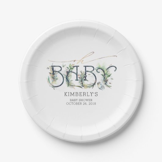 Assiettes En Carton Baby shower Feuille verdoyant et or (Devant)