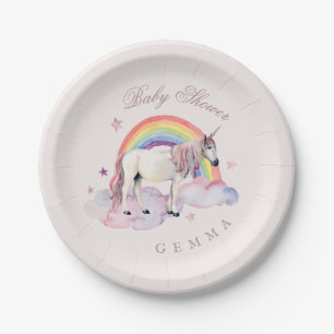 Assiettes En Carton Baby Shower Fille Ballons Arc-en-Ciel Licorne Rose