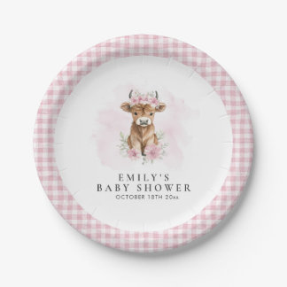 Assiettes En Carton Baby Shower Fille de Vache Écossaise Aquarelle Ros