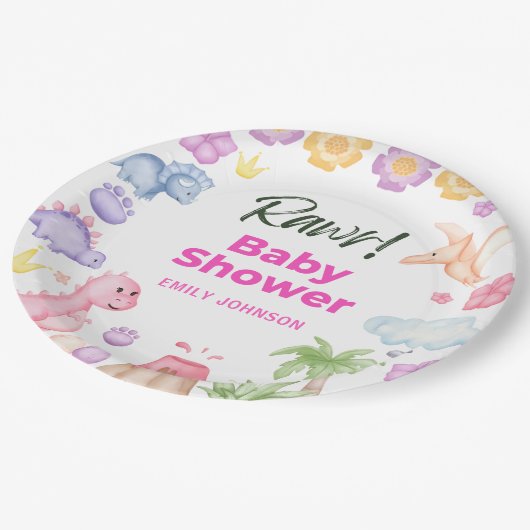 Assiettes En Carton Baby shower fille Dinosaures (Angle)