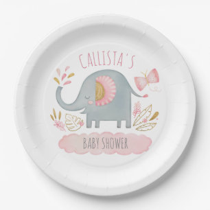 Assiettes En Carton Baby shower fille Eléphant gris rose mou