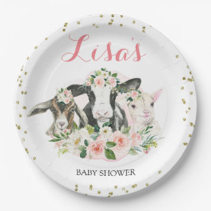 Assiettes En Carton Baby shower Fille Florale d'animal agricole