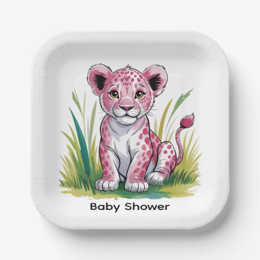 Assiettes En Carton Baby shower fille Lion rose (Recto)