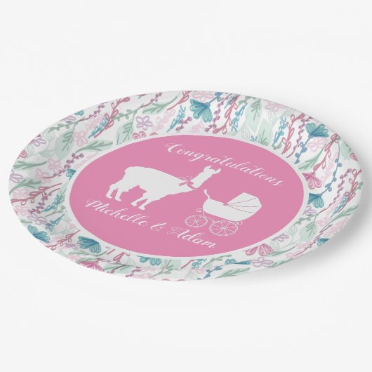 Assiettes En Carton Baby shower fille Llama rose mignonne (Angle)