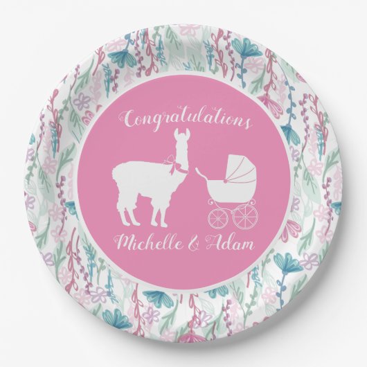 Assiettes En Carton Baby shower fille Llama rose mignonne (Devant)