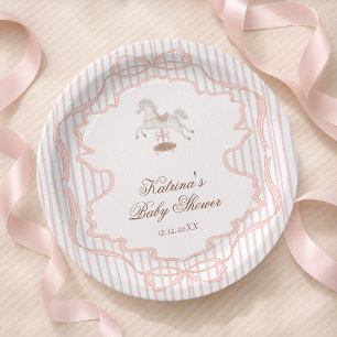 Assiettes En Carton Baby Shower Fille Rose Cheval à Bascule