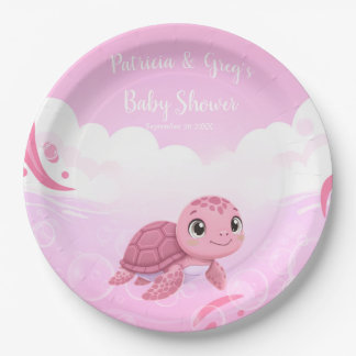 Assiettes En Carton Baby Shower Fille Tortue de Mer Rose Mignonne