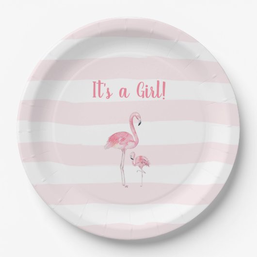 Assiettes En Carton baby shower Flamant rose fille (Devant)