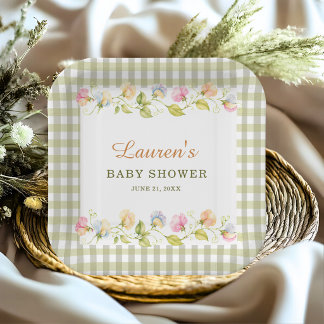 Assiettes En Carton Baby Shower Fleur de Pois en Vichy Vert