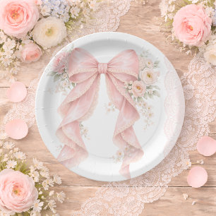 Assiettes En Carton Baby Shower Fleur de Ruban à Arc Rose