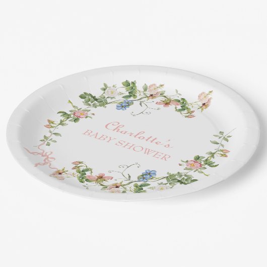 Assiettes En Carton Baby shower fleur sauvage à cou rose (Angle)