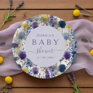 Assiettes En Carton Baby shower Fleur sauvage couleur jaune violet