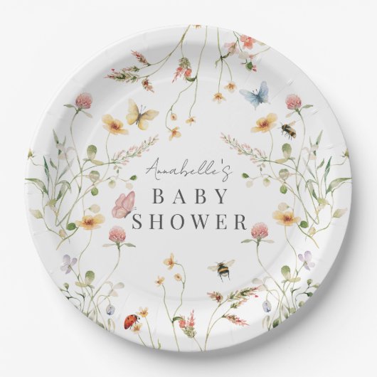 Assiettes En Carton Baby shower fleur sauvage d'aquarelle de papillon (Devant)