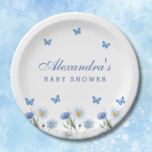Assiettes En Carton Baby shower Fleur sauvage de papillon bleu