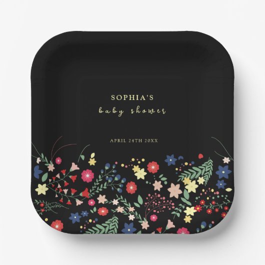 Assiettes En Carton Baby shower Fleur sauvage simple noir (Recto)