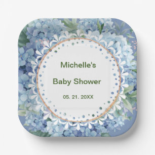 Assiettes En Carton Baby shower Floral bleu et blanc personnalisé