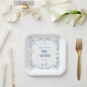 Assiettes En Carton Baby shower floral bleu foncé
