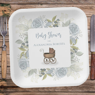 Assiettes En Carton Baby shower Floral bleu Vintage personnalisé