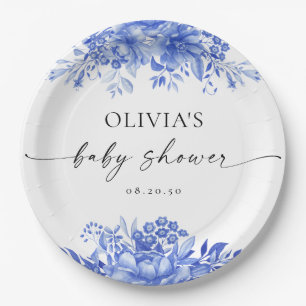 Assiettes En Carton Baby shower Floral de Porcelaine Bleue