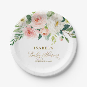 Assiettes En Carton Baby shower floral et doré rose pâle personnalisé