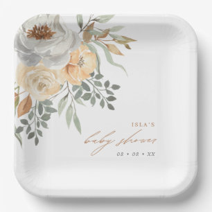 Assiettes En Carton Baby shower floral gris et tan d'automne