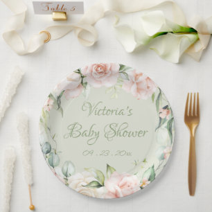 Assiettes En Carton Baby shower floral personnalisé Sage Green