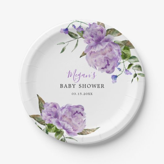 Assiettes En Carton Baby shower Floral pourpre (Devant)