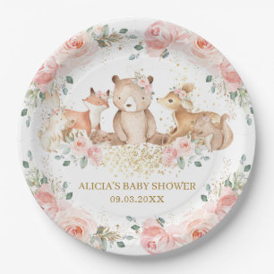 Assiettes En Carton Baby shower Floral rose clair boisé