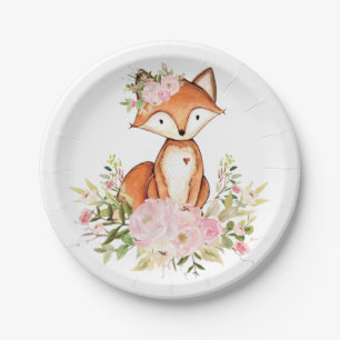 Assiettes En Carton Baby shower floral rose de forêt de Fox de régio