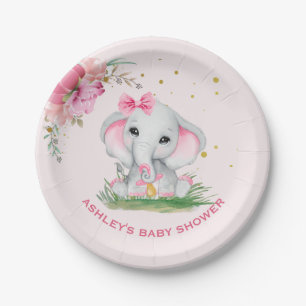 Assiettes En Carton Baby shower Floral rose Eléphant mignon