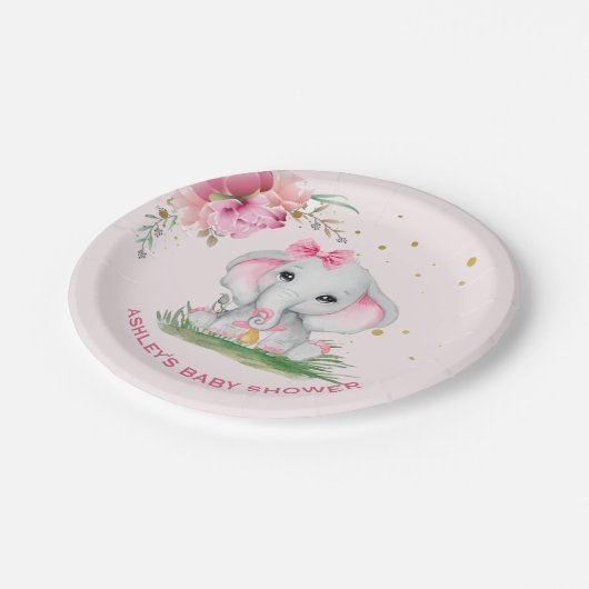 Assiettes En Carton Baby shower Floral rose Eléphant mignon (Angle)